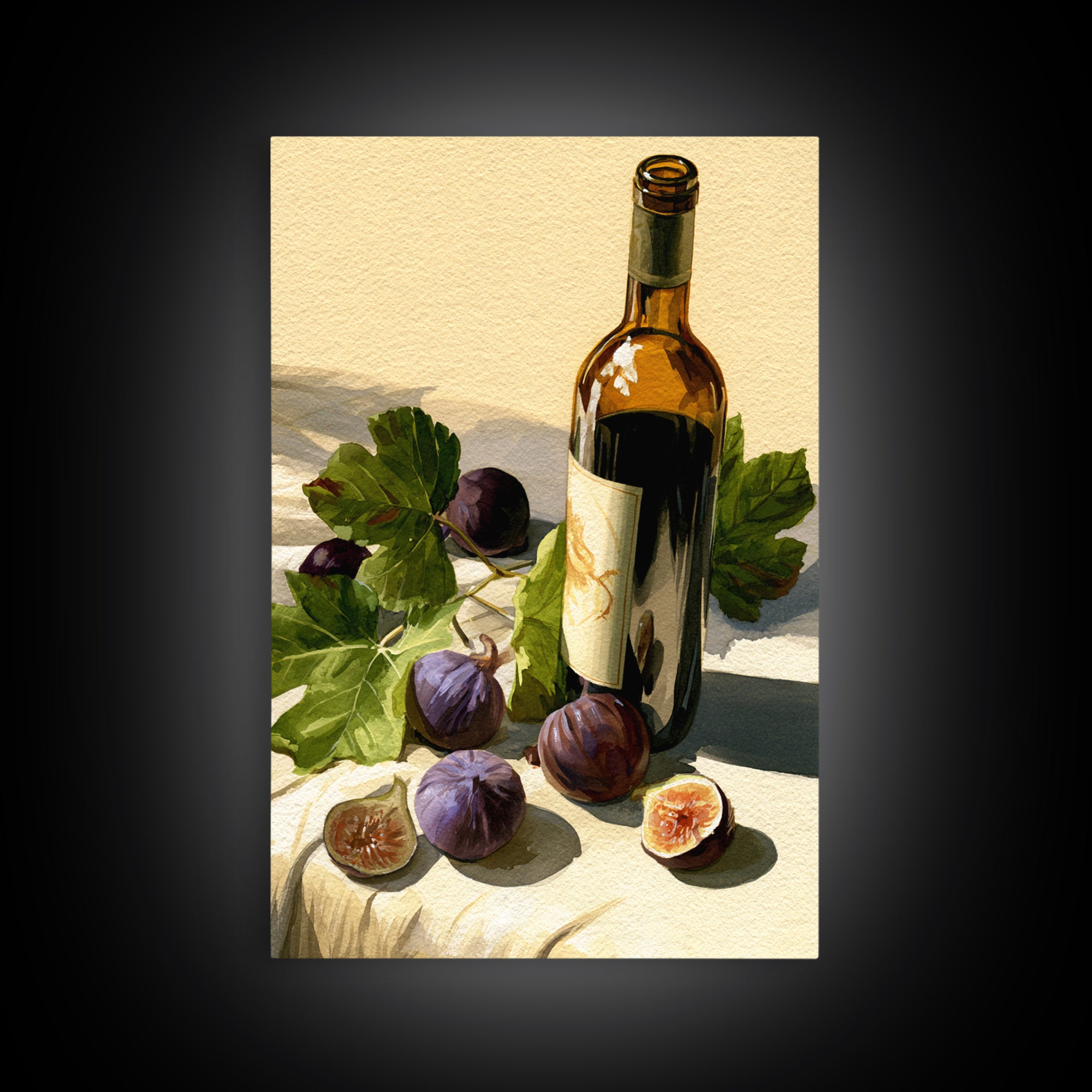 Wine Bottle and Figs on a Linen Framed Canvas Print, Dining Room Art, Boho Decor, Dining Room Decor, Abstract Art, Dining, DRA-2x3-59