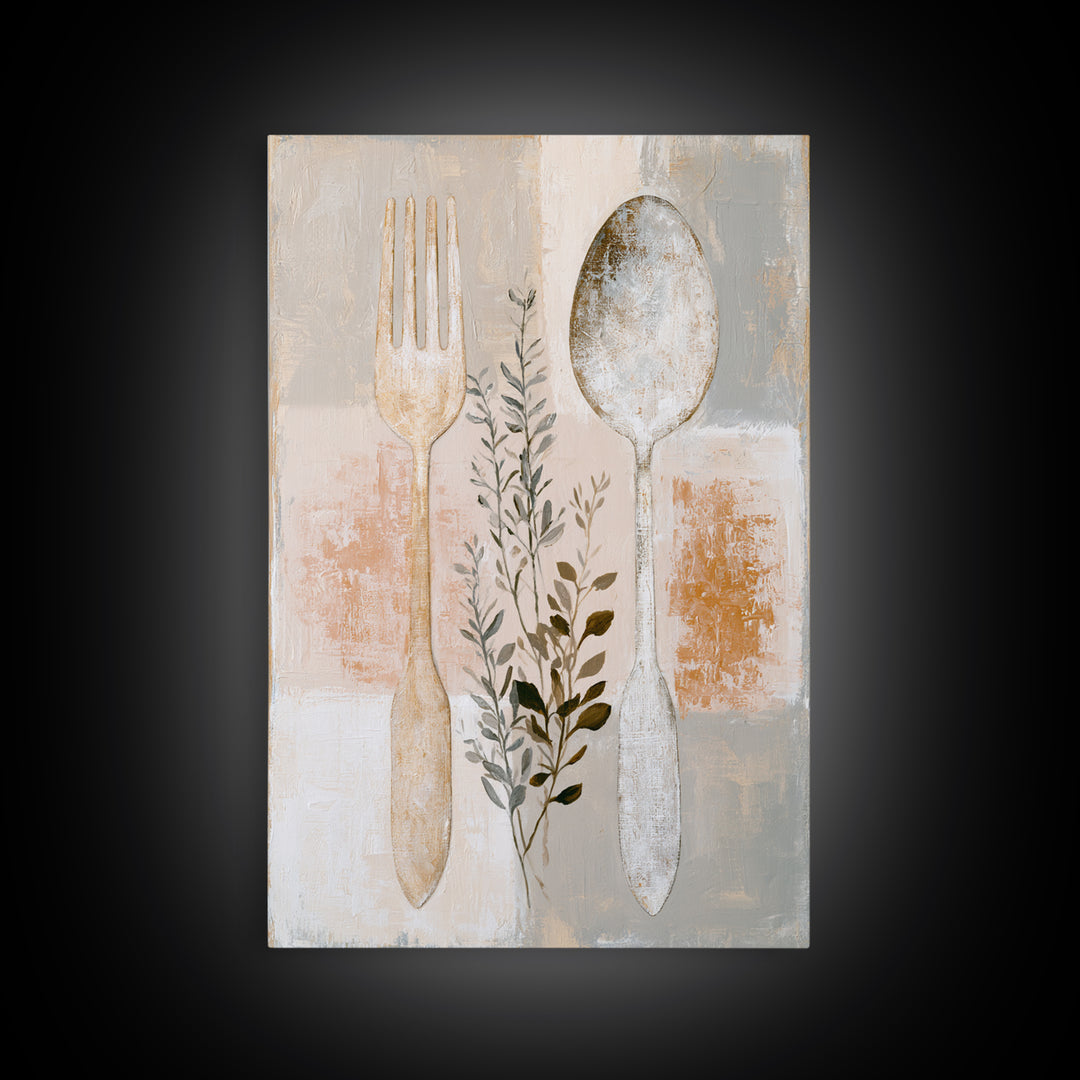 Minimal Fork Spoon and Herb Composition Framed Canvas Print, Dining Room Art, Wall Decor, Dining Room Decor, Fine Art, Dining, DRA-2x3-6