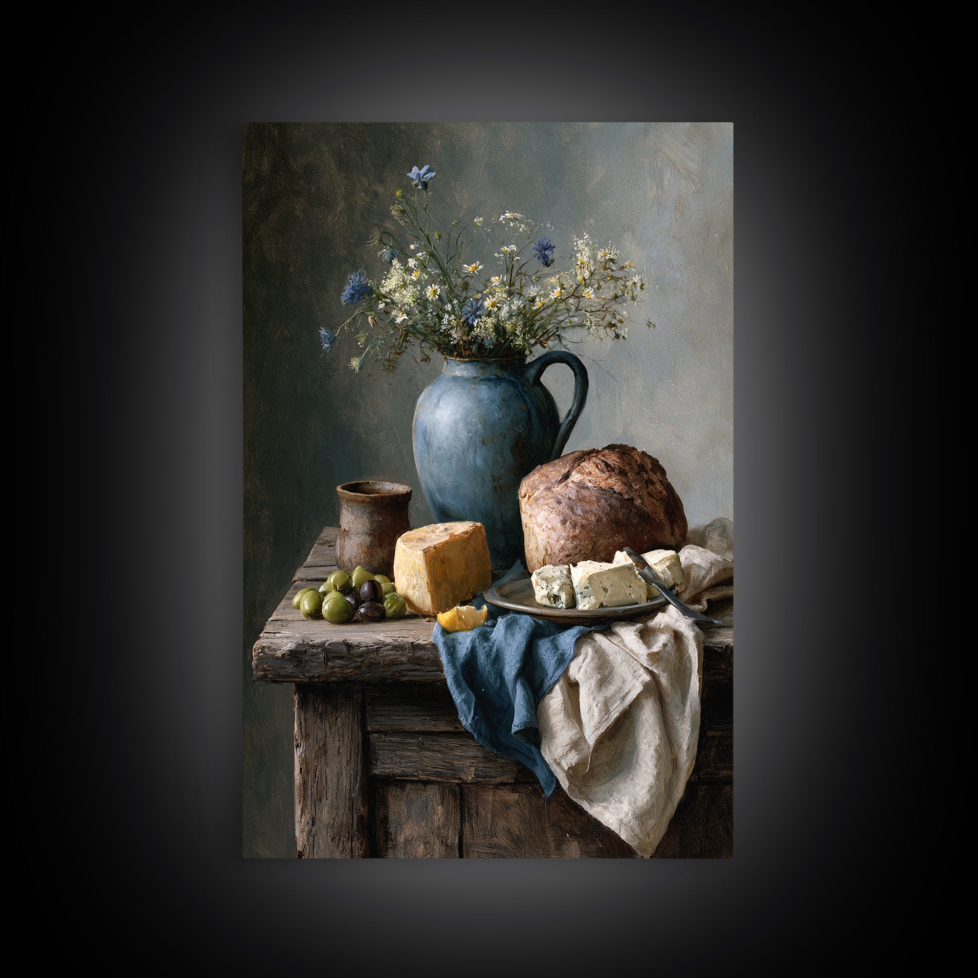 Rustic Bread Olives and Cheese Still Life Canvas Print, Dining Room Art, Wall Art, Dining Room Decor, Abstract Art, Dining, DRA-2x3-62
