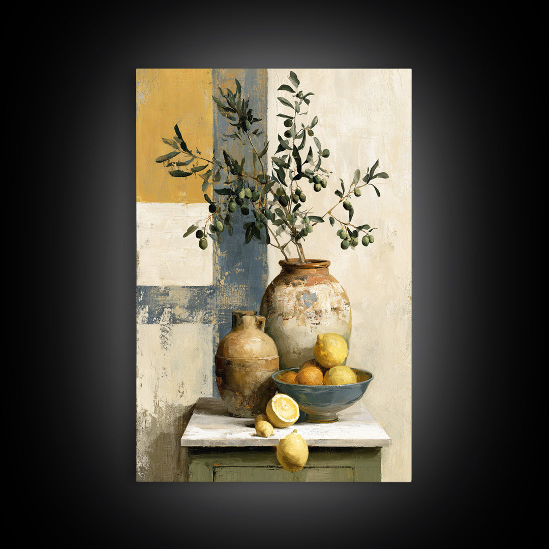 Mediterranean Olive Branch and Citrus Arrangement Canvas Print, Dining Room Art, Minimalist Decor, Dining Room Decor, Dining, DRA-2x3-68