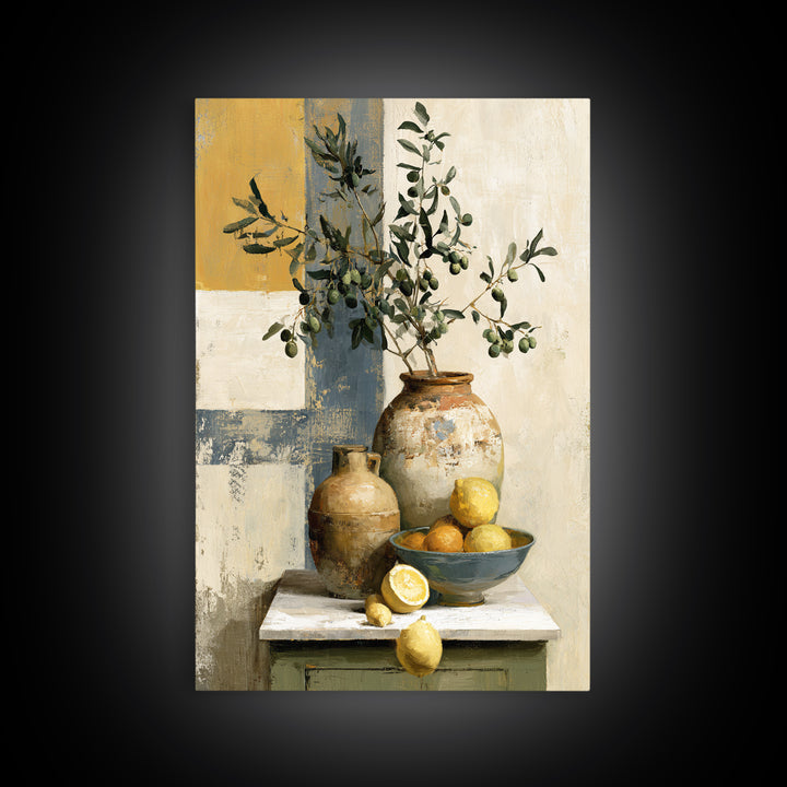 Mediterranean Olive Branch and Citrus Arrangement Canvas Print, Dining Room Art, Minimalist Decor, Dining Room Decor, Dining, DRA-2x3-68