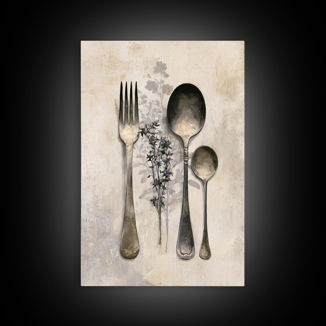 Minimal Fork Spoon and Herb Composition Framed Canvas Print, Dining Room Art, Minimalist Decor, Dining Room Decor, Dining, DRA-2x3-78