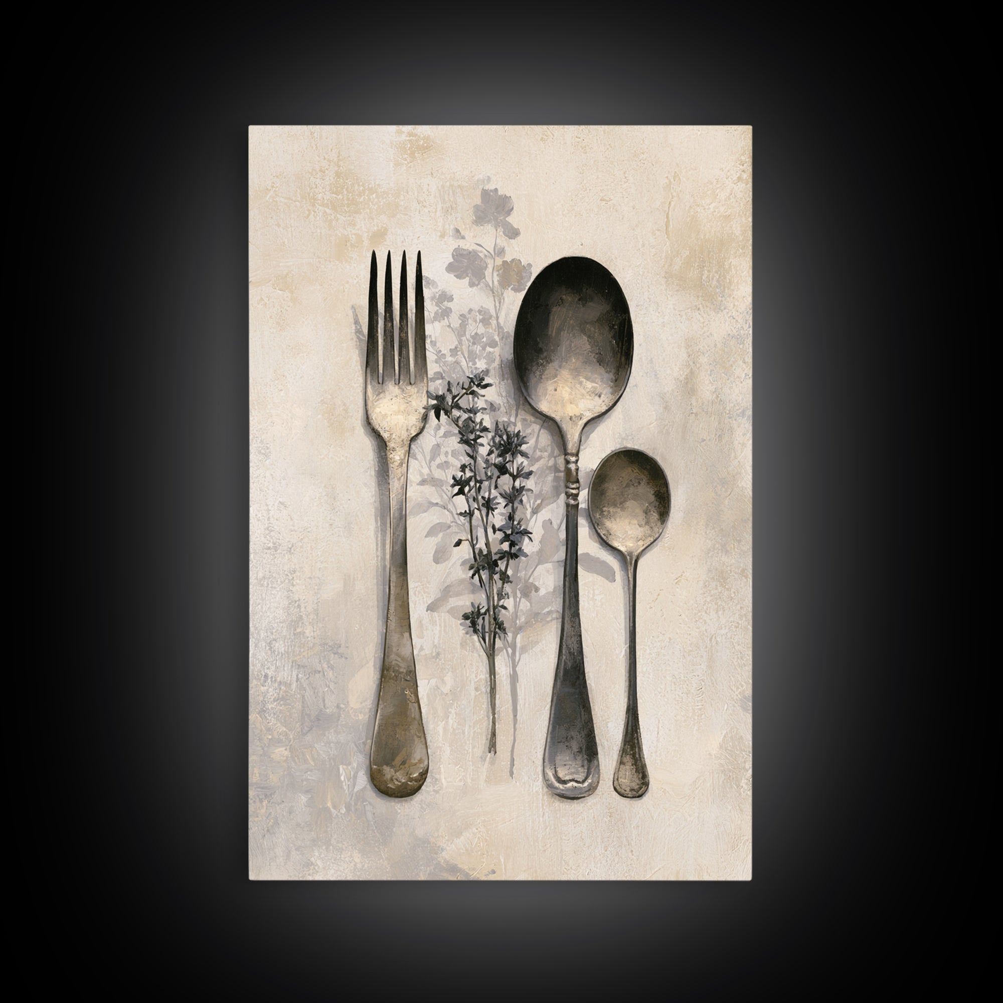 Minimal Fork Spoon and Herb Composition Framed Canvas Print, Dining Room Art, Minimalist Decor, Dining Room Decor, Dining, DRA-2x3-78