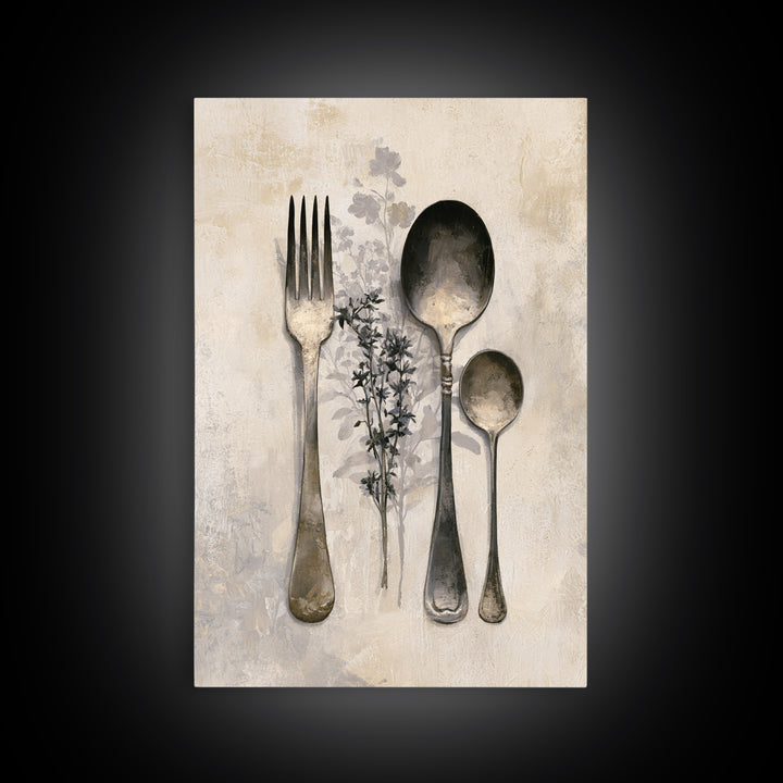 Minimal Fork Spoon and Herb Composition Framed Canvas Print, Dining Room Art, Minimalist Decor, Dining Room Decor, Dining, DRA-2x3-78