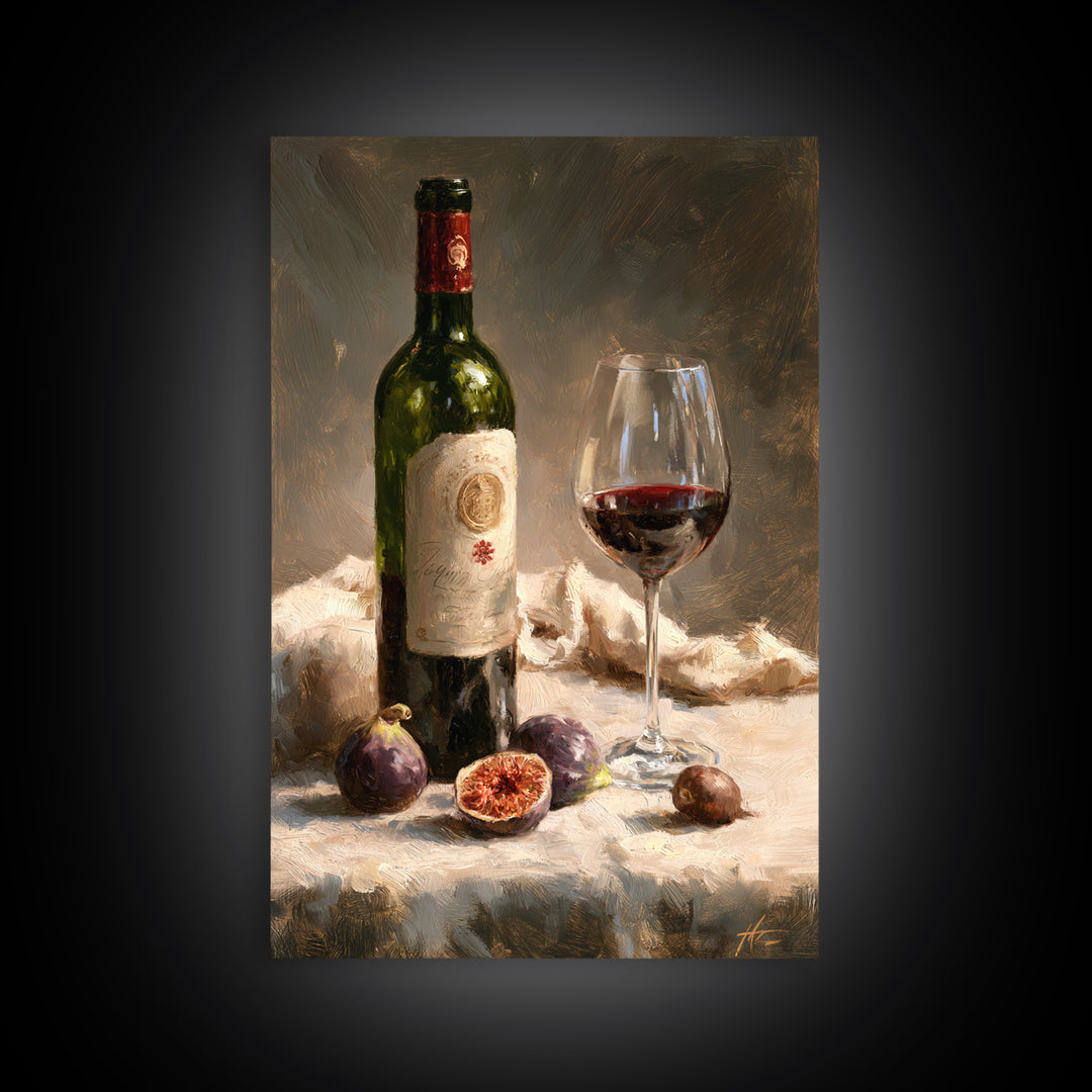 Wine Bottle and Figs on a Linen Framed Canvas Print, Dining Room Art, Print, Dining Room Decor, Dining, Living Room Decor, DRA-2x3-83