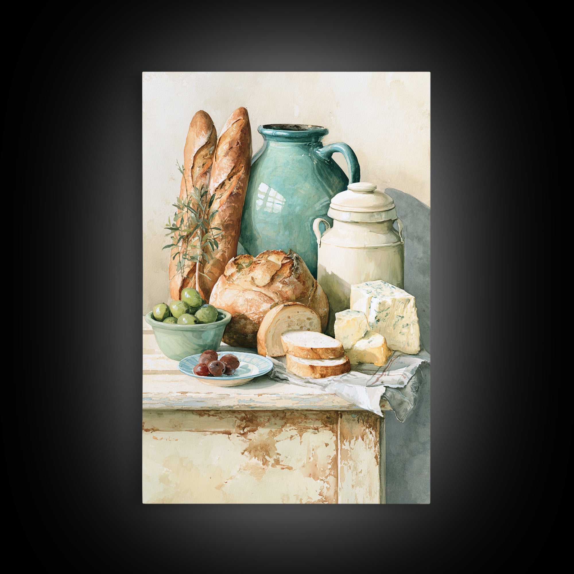 Rustic Bread Olives and Cheese Still Life Canvas Print, Dining Room Art, Wall Art, Dining Room Decor, Abstract Art, Dining, DRA-2x3-86