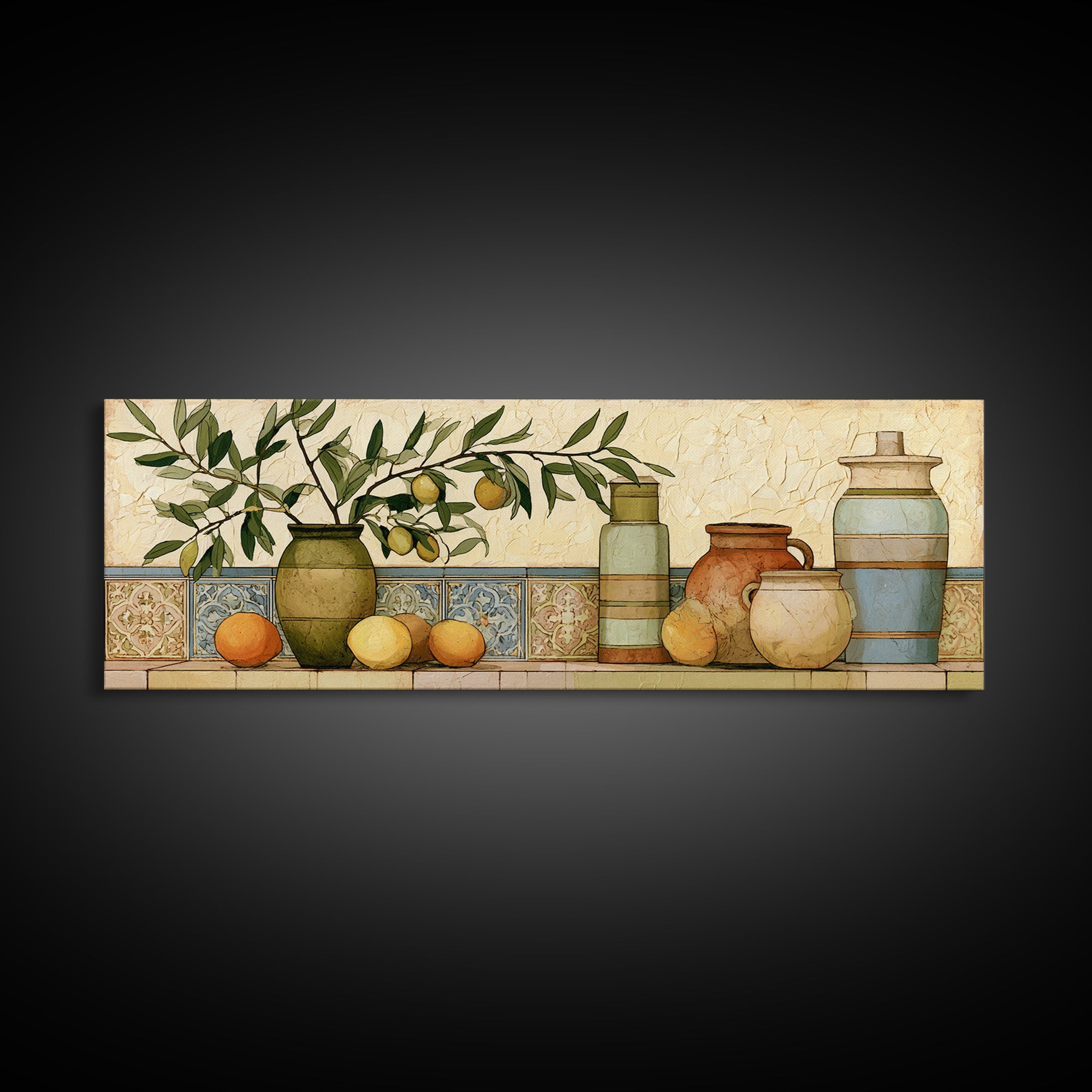 Mediterranean Olive Branch and Citrus Arrangement Canvas Print, Dining Room Art, Coastal Wall Art, Dining Room Decor, Dining, DRA-3x1-100