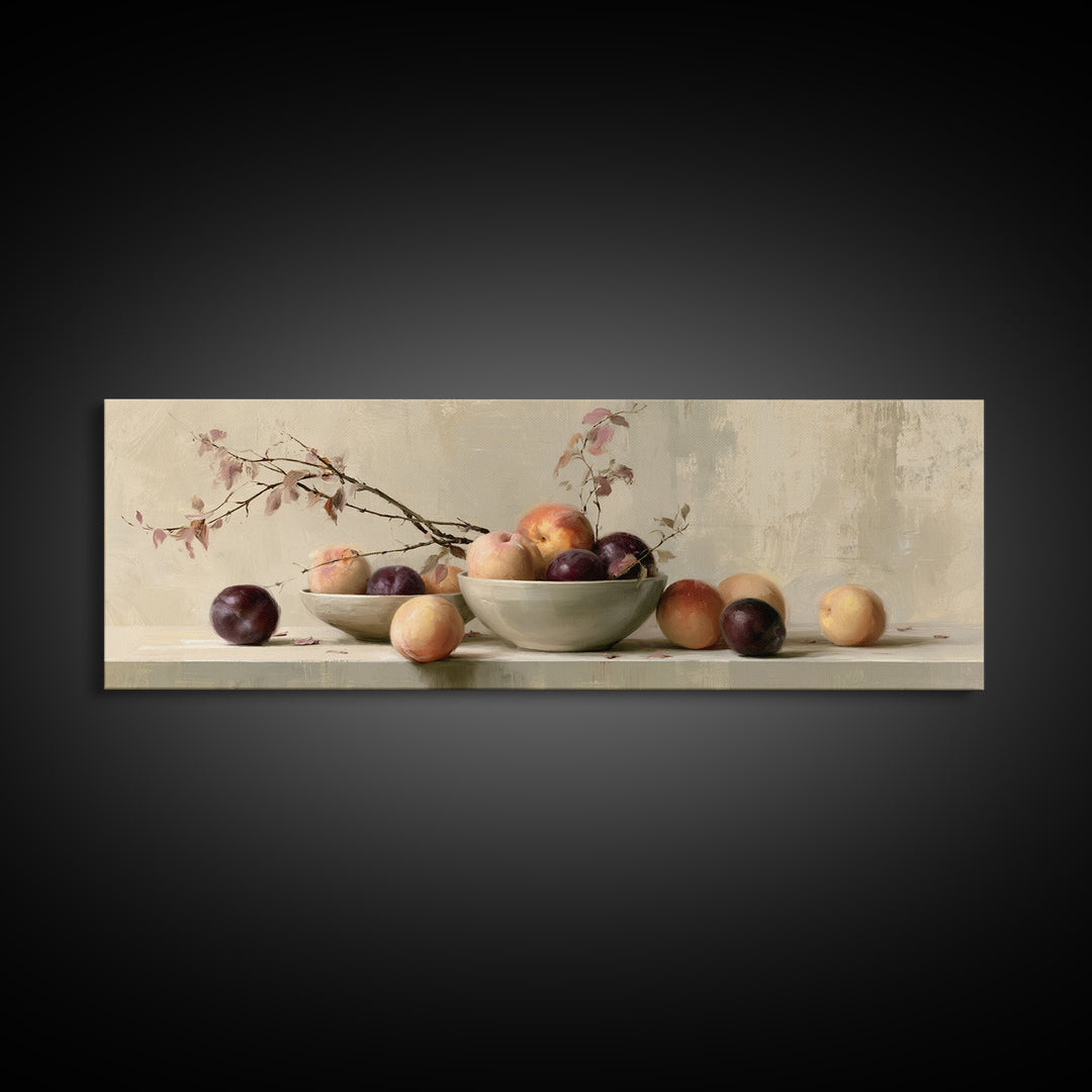 Peach and Plum Still Life Framed Canvas Print, Dining Room Art, Kitchen Wall Decor, Dining Room Decor, Fine Art, Dining, DRA-3x1-12
