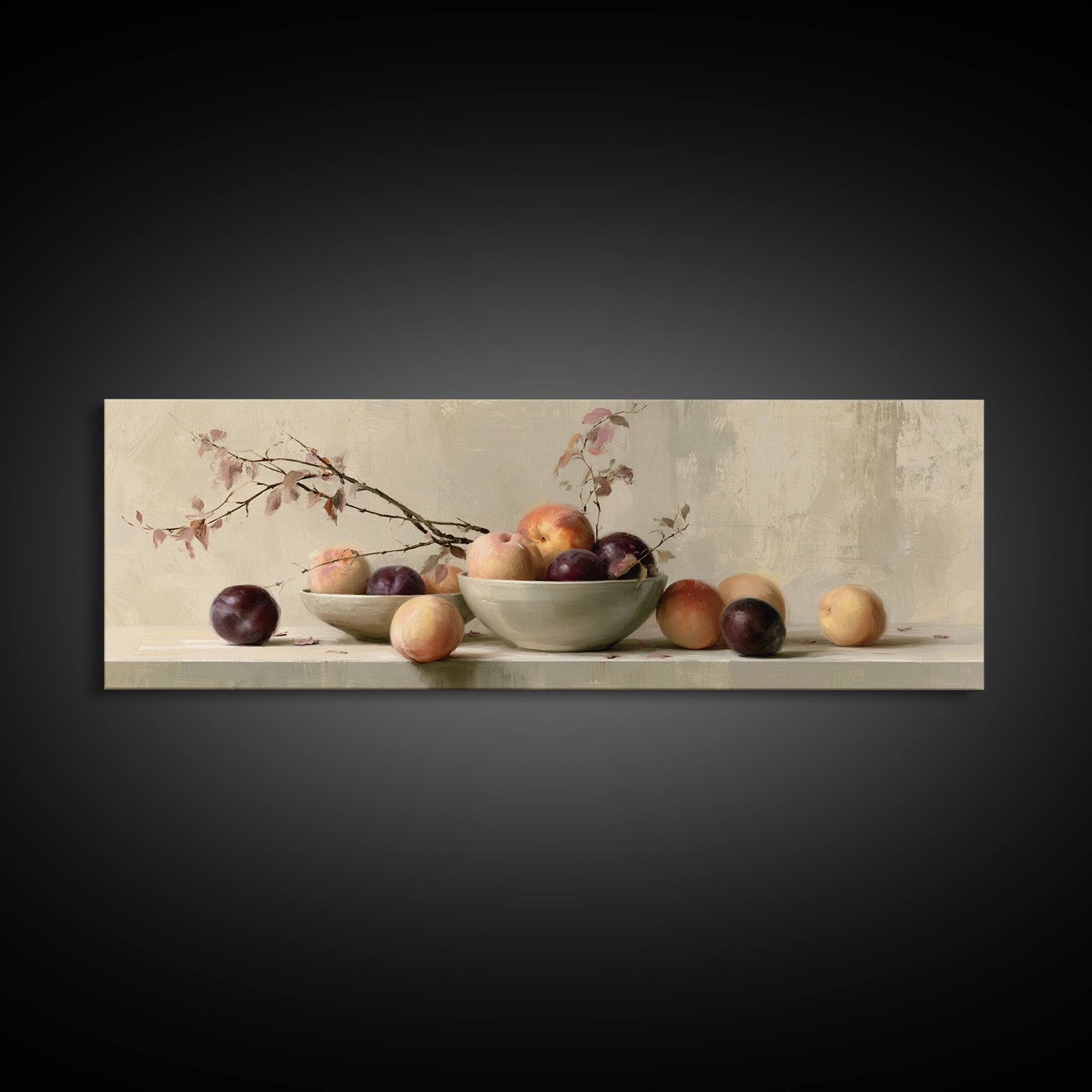 Peach and Plum Still Life Framed Canvas Print, Dining Room Art, Kitchen Wall Decor, Dining Room Decor, Fine Art, Dining, DRA-3x1-12
