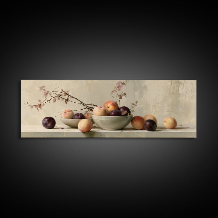 Peach and Plum Still Life Framed Canvas Print, Dining Room Art, Kitchen Wall Decor, Dining Room Decor, Fine Art, Dining, DRA-3x1-12