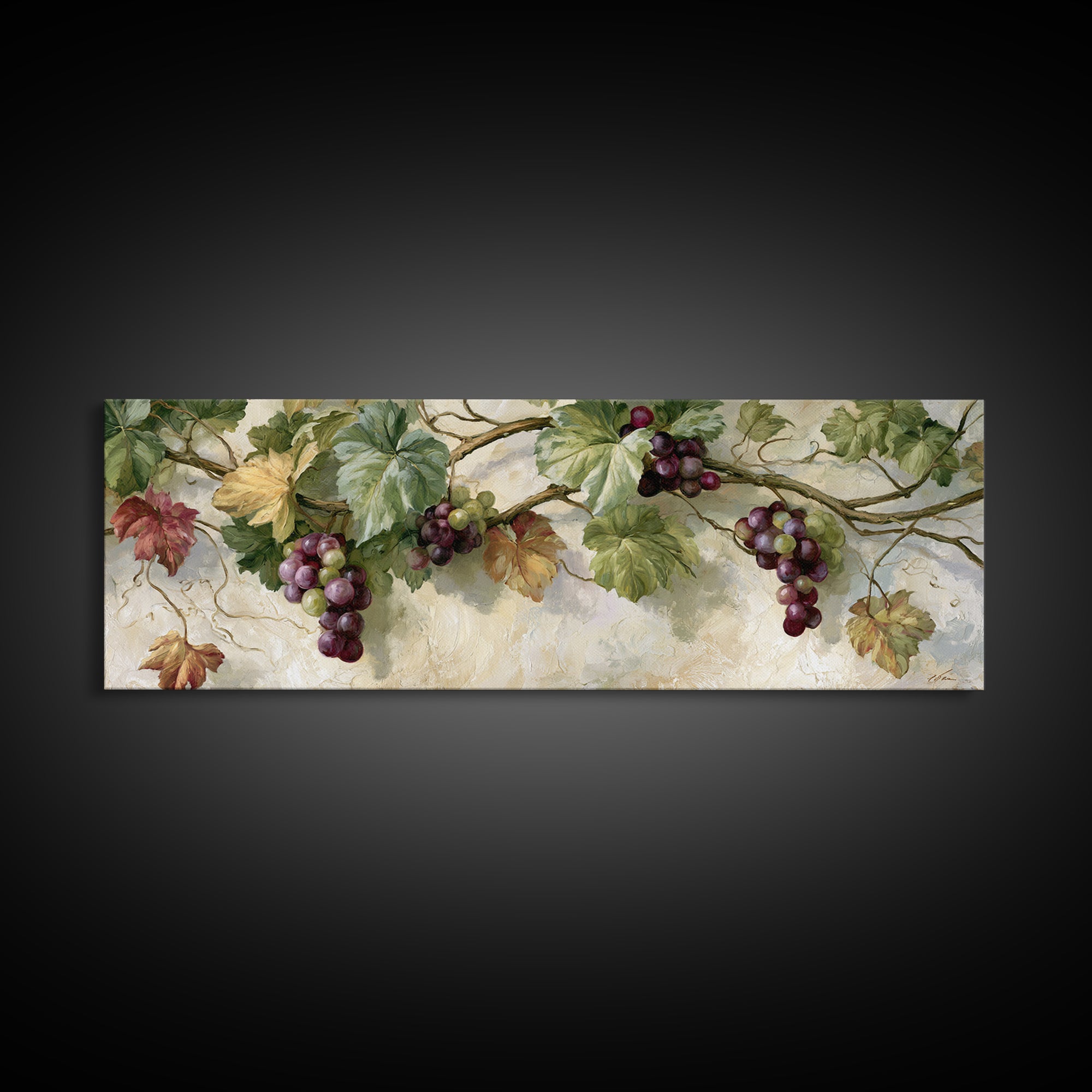 Botanical Grapevine with Leaves and Fruit Canvas Print, Dining Room Art, Dining Room Decor, Oil Painting, Dining, DRA-3x1-13