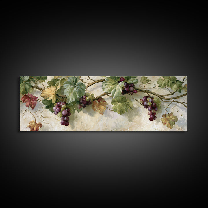 Botanical Grapevine with Leaves and Fruit Canvas Print, Dining Room Art, Dining Room Decor, Oil Painting, Dining, DRA-3x1-13