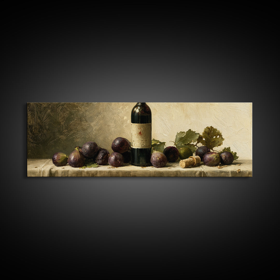 Wine Bottle and Figs on a Linen Canvas Print, Dining Room Art, Wall Decor, Dining Room Decor, Abstract Art, Dining, DRA-3x1-19