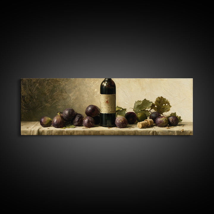 Wine Bottle and Figs on a Linen Canvas Print, Dining Room Art, Wall Decor, Dining Room Decor, Abstract Art, Dining, DRA-3x1-19