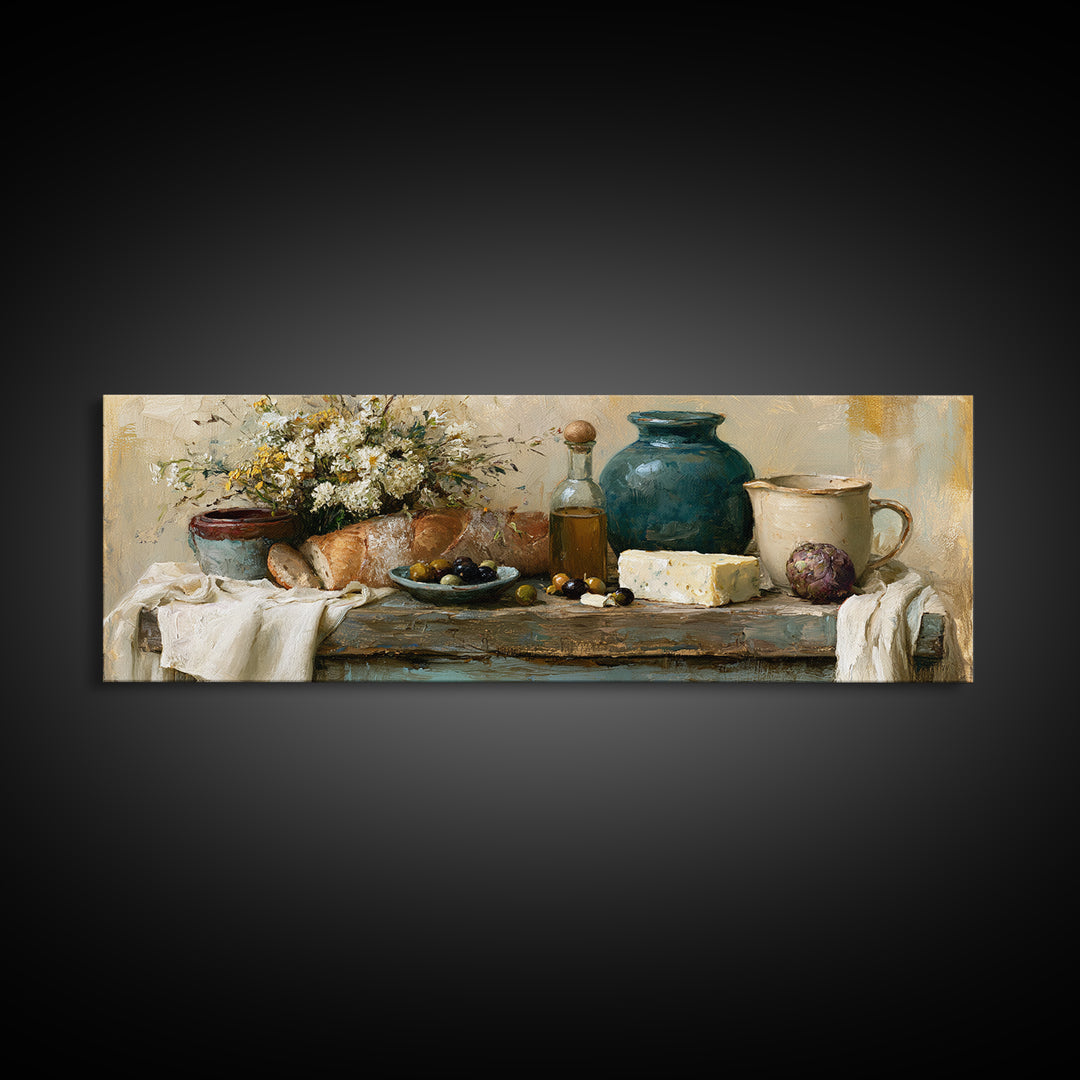 Rustic Bread Olives and Cheese Still Life Canvas Print, Dining Room Art, Neutral Decor, Dining Room Decor, Abstract Art, Dining, DRA-3x1-22