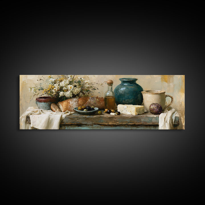 Rustic Bread Olives and Cheese Still Life Canvas Print, Dining Room Art, Neutral Decor, Dining Room Decor, Abstract Art, Dining, DRA-3x1-22