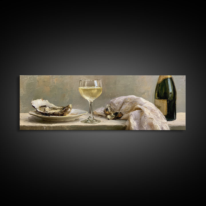 Elegant Oyster and Champagne Still Life Framed Canvas Print, Dining Room Art, Neutral Decor, Dining Room Decor, Dining, DRA-3x1-23