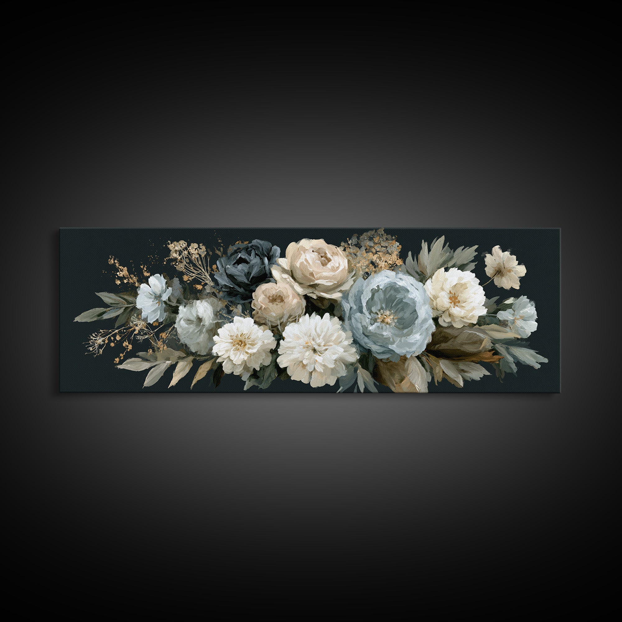 Moody Dark Background Bouquet for Formal Dining Framed Canvas Print, Dining Room Art, Modern Decor, Dining Room Decor, Dining, DRA-3x1-27