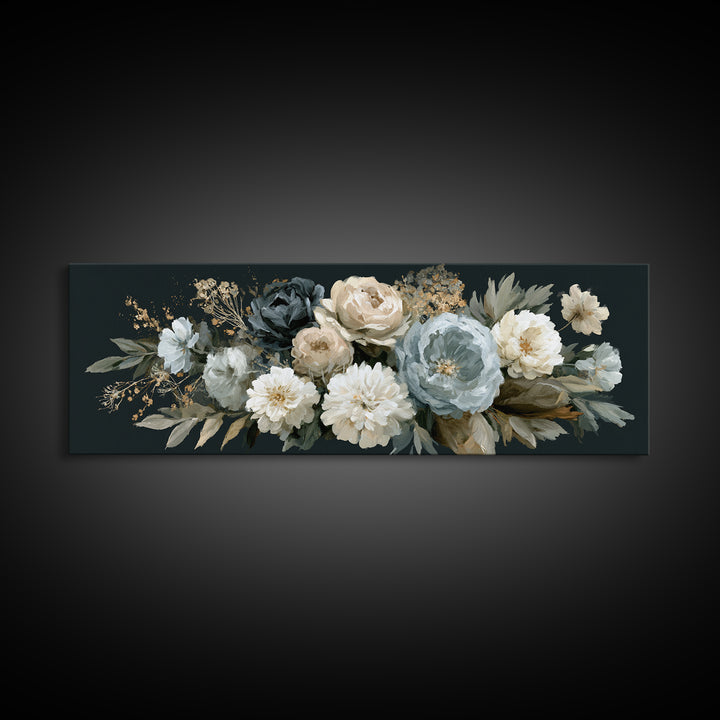 Moody Dark Background Bouquet for Formal Dining Framed Canvas Print, Dining Room Art, Modern Decor, Dining Room Decor, Dining, DRA-3x1-27