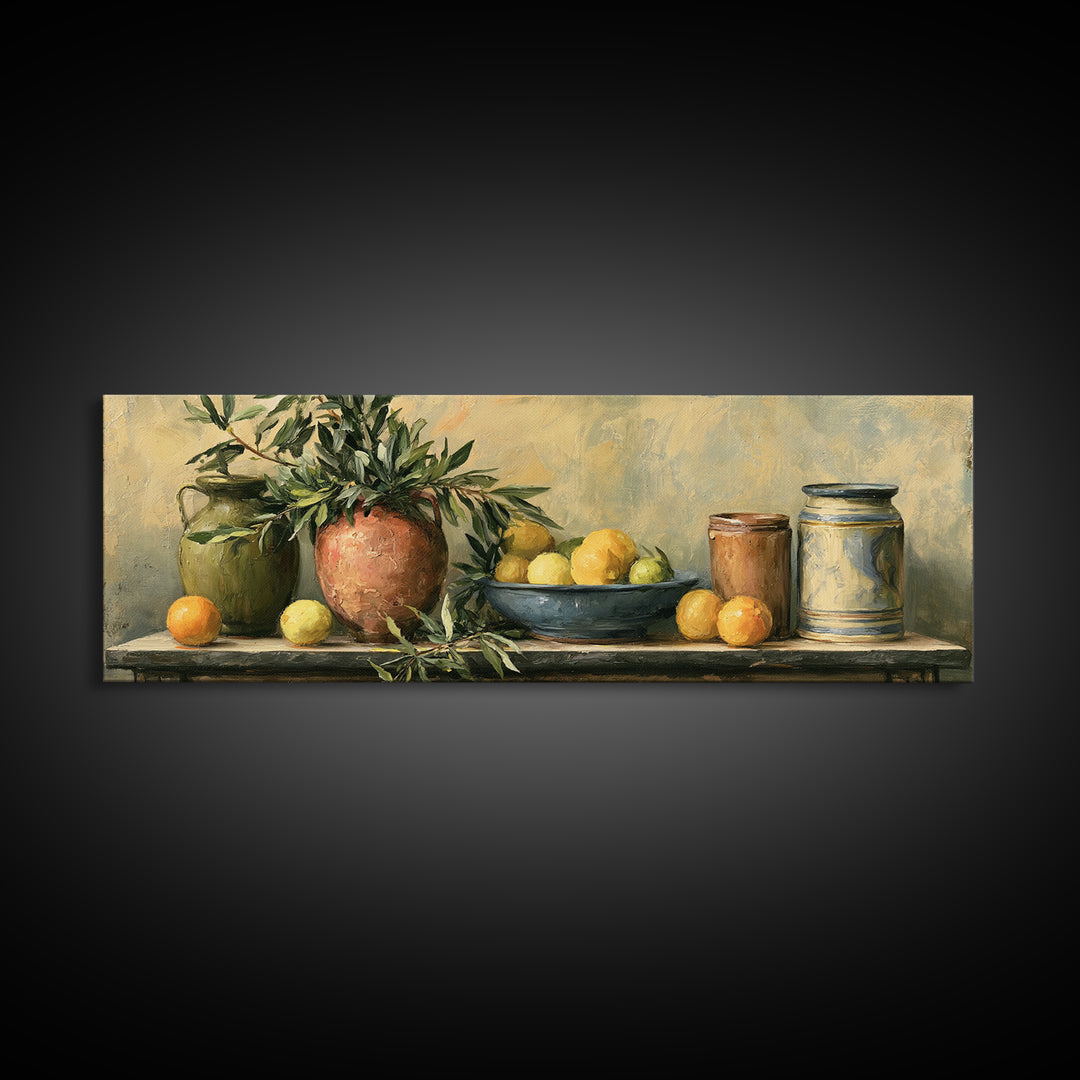 Mediterranean Olive Branch and Citrus Arrangement Canvas Print, Dining Room Art, Kitchen Prints, Dining Room Decor, Dining, DRA-3x1-28