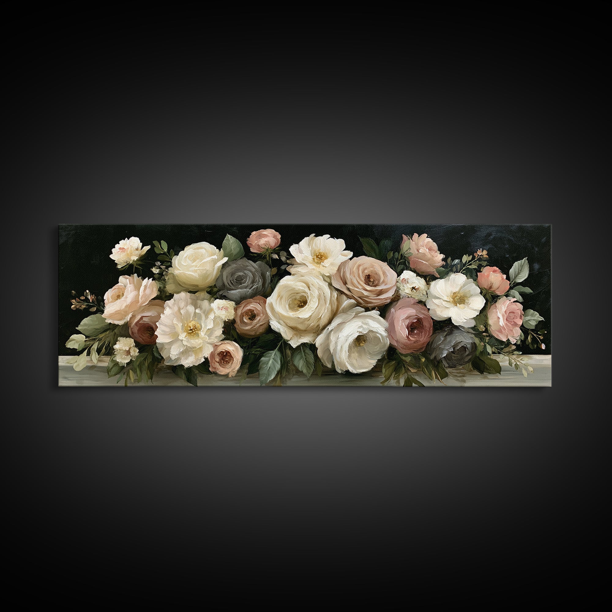 Moody Dark Background Bouquet for Formal Dining Canvas Print, Dining Room Art, Trendy Wall Art, Dining Room Decor, Dining, DRA-3x1-3