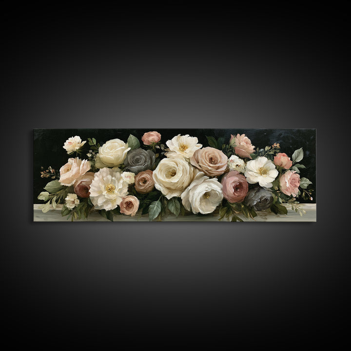 Moody Dark Background Bouquet for Formal Dining Canvas Print, Dining Room Art, Trendy Wall Art, Dining Room Decor, Dining, DRA-3x1-3