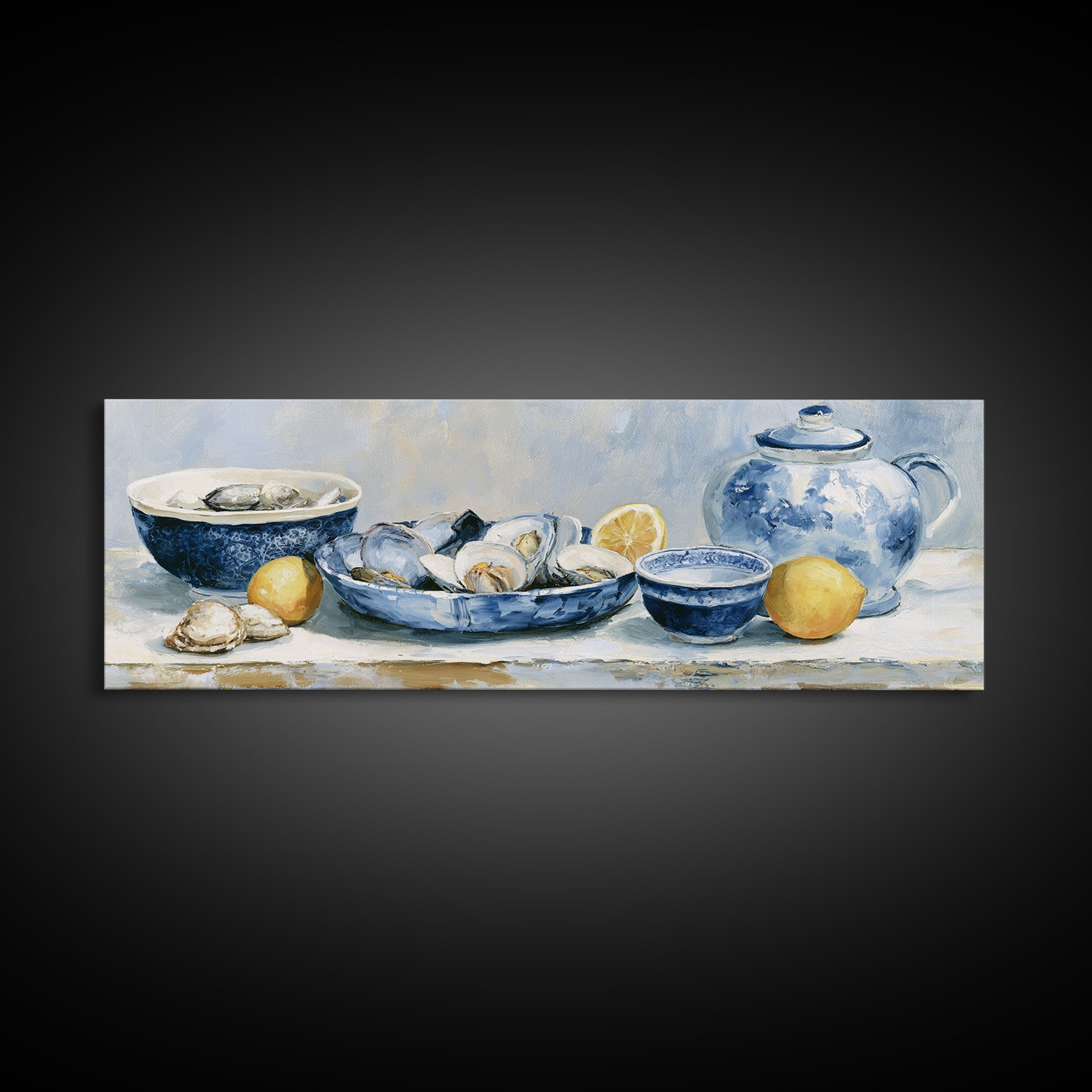Shellfish and Lemon Still Life Framed Canvas Print, Dining Room Art, Trendy Wall Art, Dining Room Decor, Watercolor Art, Dining, DRA-3x1-32
