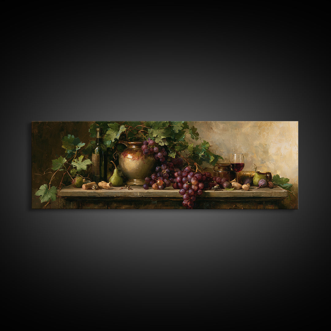 Botanical Grapevine with Leaves and Fruit Framed Canvas Print, Dining Room Art, Kitchen Decor, Dining Room Decor, DRA-3x1-37