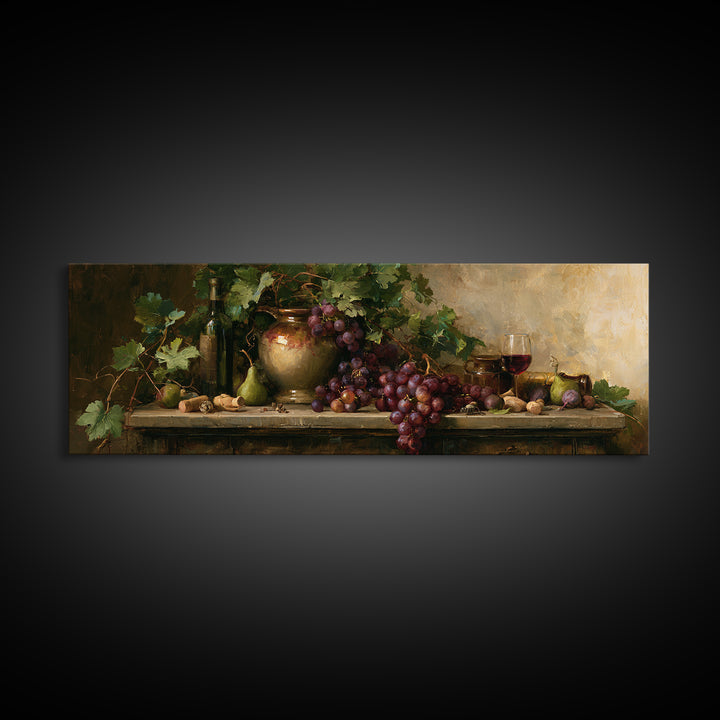 Botanical Grapevine with Leaves and Fruit Framed Canvas Print, Dining Room Art, Kitchen Decor, Dining Room Decor, DRA-3x1-37