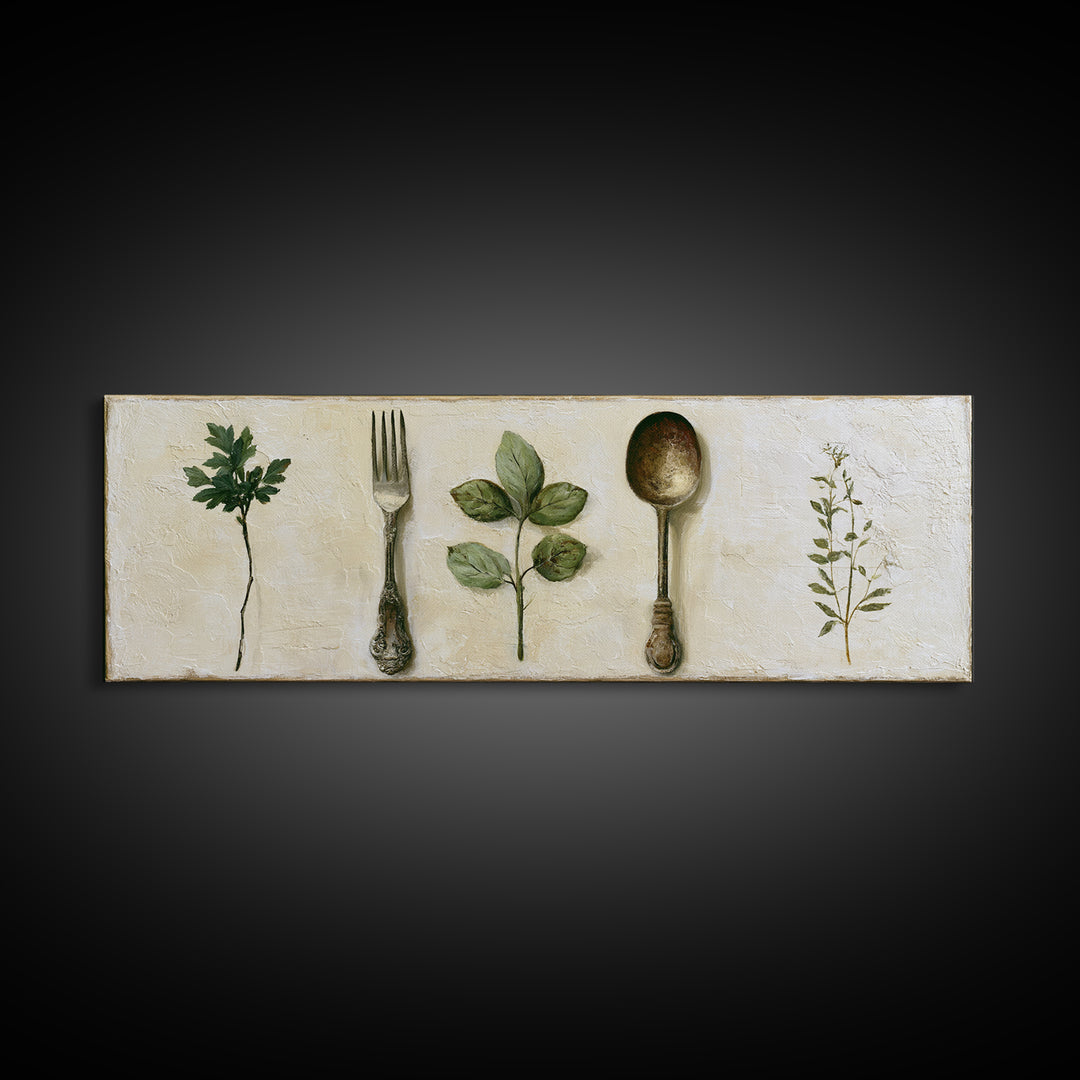 Minimal Fork Spoon and Herb Composition Canvas Print, Dining Room Art, Print, Dining Room Decor, Dining, Living Room Decor, DRA-3x1-38