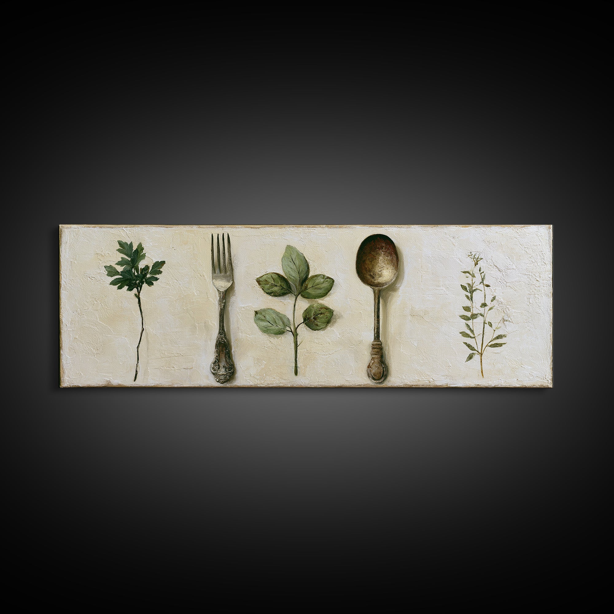 Minimal Fork Spoon and Herb Composition Canvas Print, Dining Room Art, Print, Dining Room Decor, Dining, Living Room Decor, DRA-3x1-38