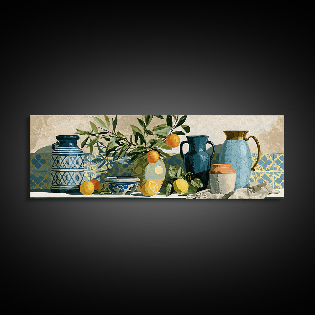Mediterranean Olive Branch and Citrus Arrangement Canvas Print, Dining Room Art, 3 Piece Wall Art, Dining Room Decor, Dining, DRA-3x1-4