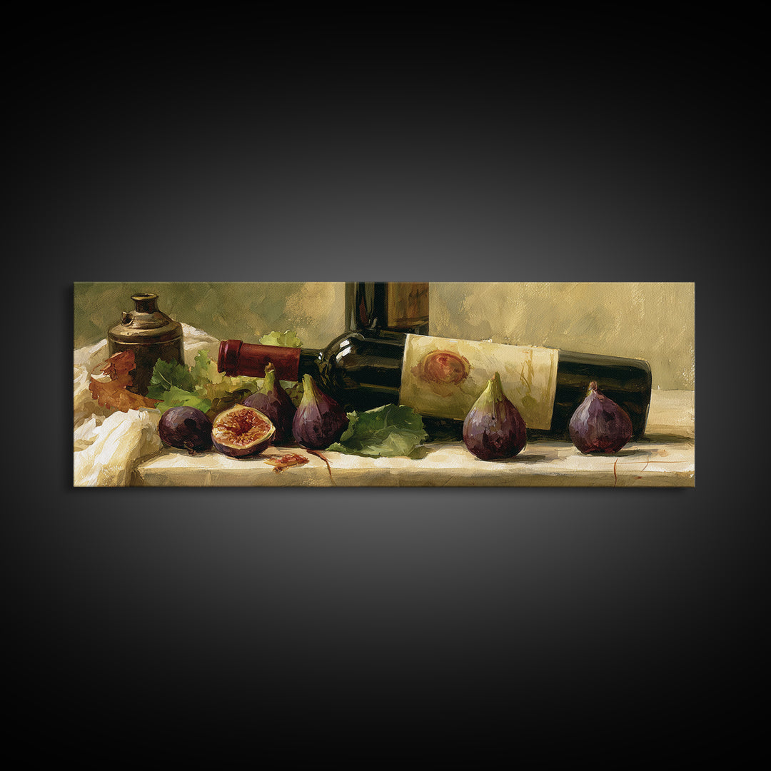 Wine Bottle and Figs on a Linen Canvas Print, Dining Room Art, Minimalist Decor, Dining Room Decor, Abstract Art, Dining, DRA-3x1-43