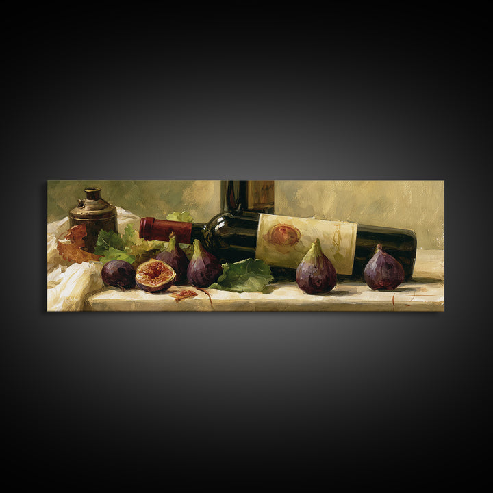 Wine Bottle and Figs on a Linen Canvas Print, Dining Room Art, Minimalist Decor, Dining Room Decor, Abstract Art, Dining, DRA-3x1-43