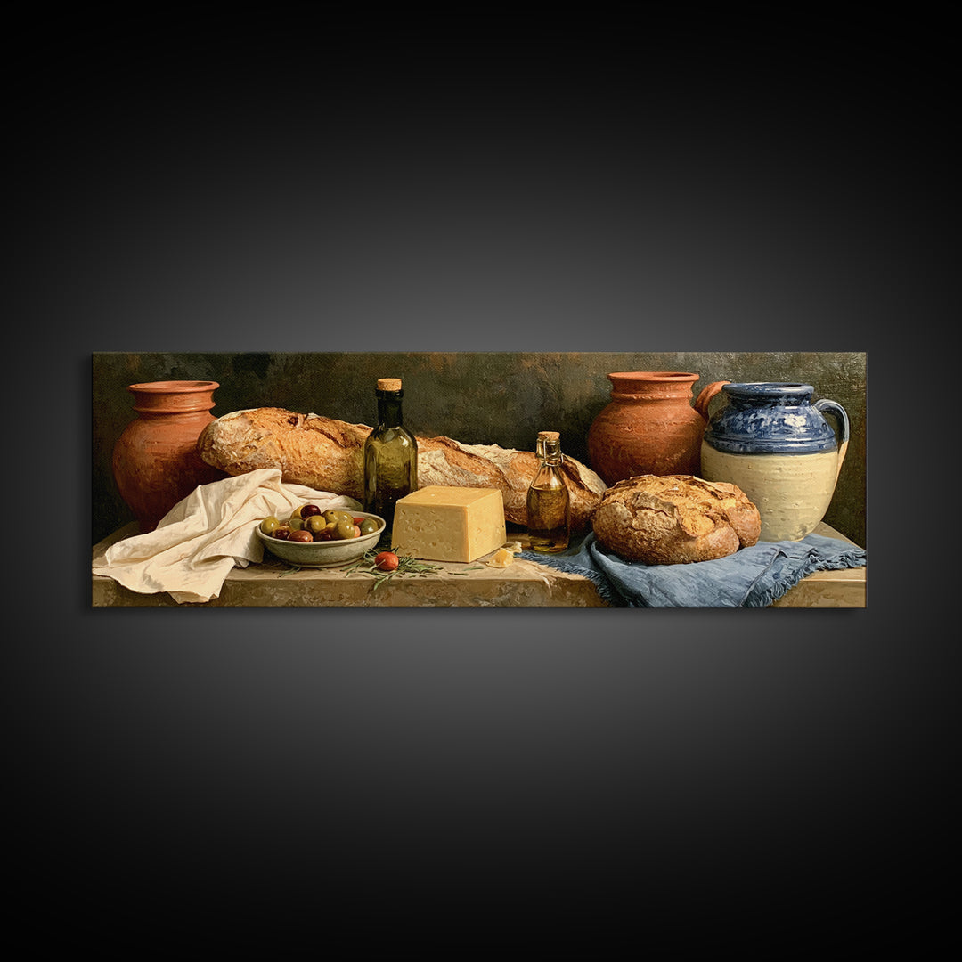 Rustic Bread Olives and Cheese Still Life Canvas Print, Dining Room Art, Kitchen Wall Art, Dining Room Decor, Fine Art, Dining, DRA-3x1-46