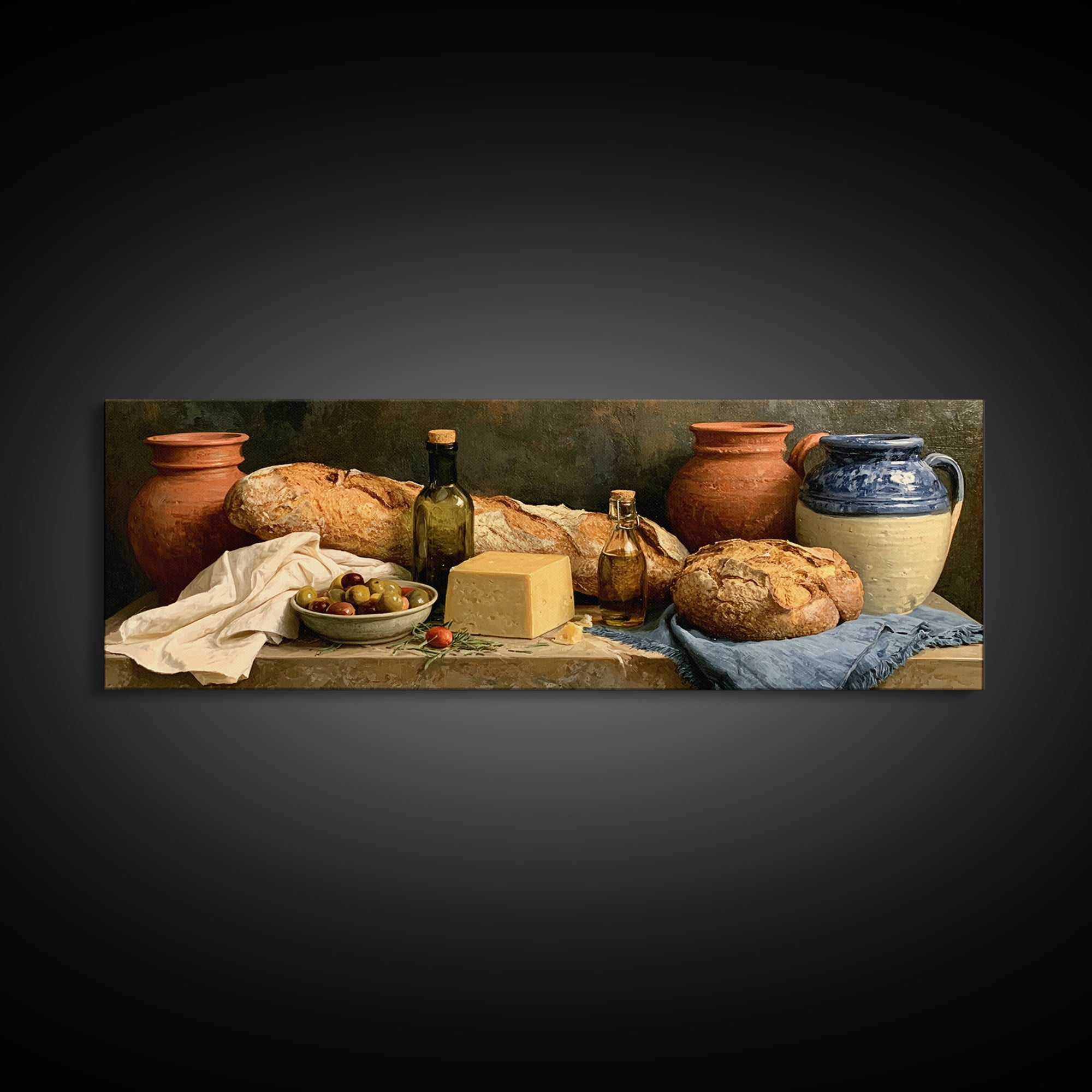 Rustic Bread Olives and Cheese Still Life Canvas Print, Dining Room Art, Kitchen Wall Art, Dining Room Decor, Fine Art, Dining, DRA-3x1-46