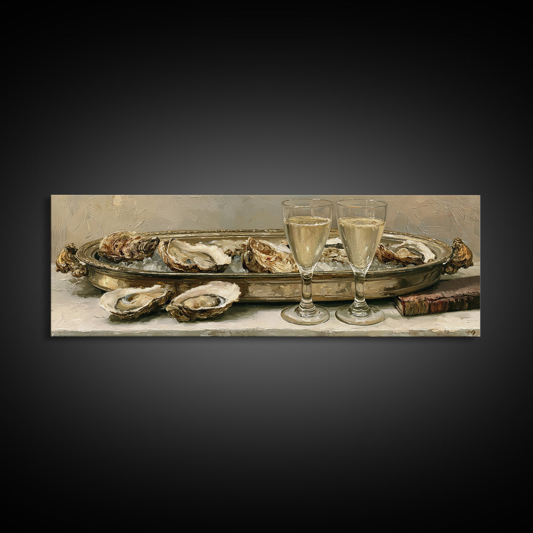 Elegant Oyster and Champagne Still Life Framed Canvas Print, Dining Room Art, Dining Room Decor, Oil Painting, Dining, DRA-3x1-47