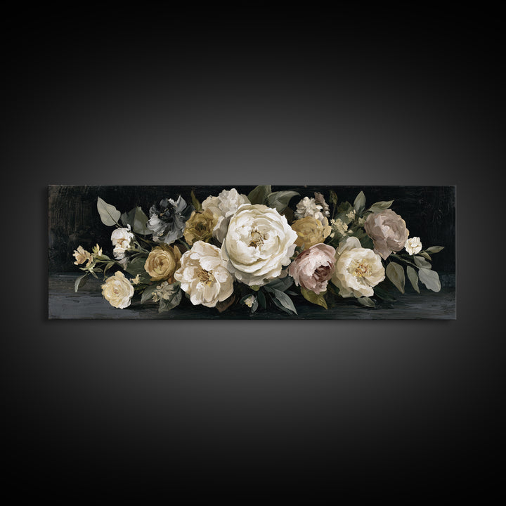 Moody Dark Background Bouquet for Formal Dining Framed Canvas Print, Dining Room Art, Wall Art, Dining Room Decor, Dining, DRA-3x1-51