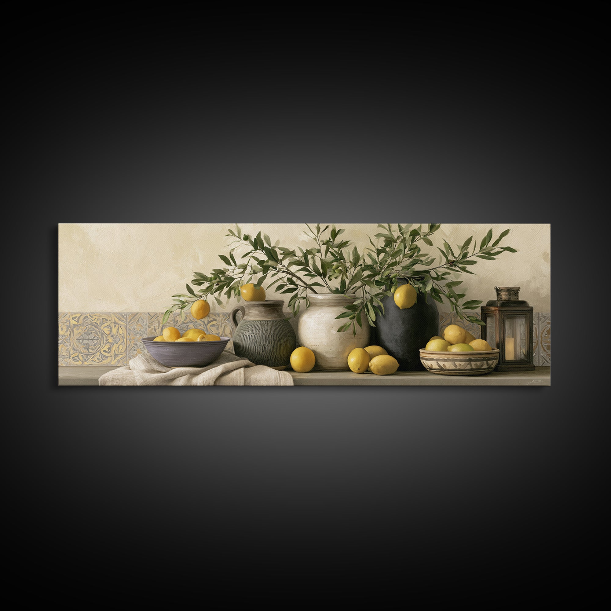 Mediterranean Olive Branch and Citrus Arrangement Canvas Print, Dining Room Art, Luxury Decor, Dining Room Decor, Dining, DRA-3x1-52