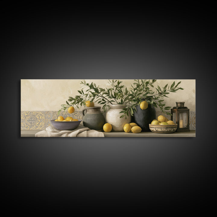 Mediterranean Olive Branch and Citrus Arrangement Canvas Print, Dining Room Art, Luxury Decor, Dining Room Decor, Dining, DRA-3x1-52