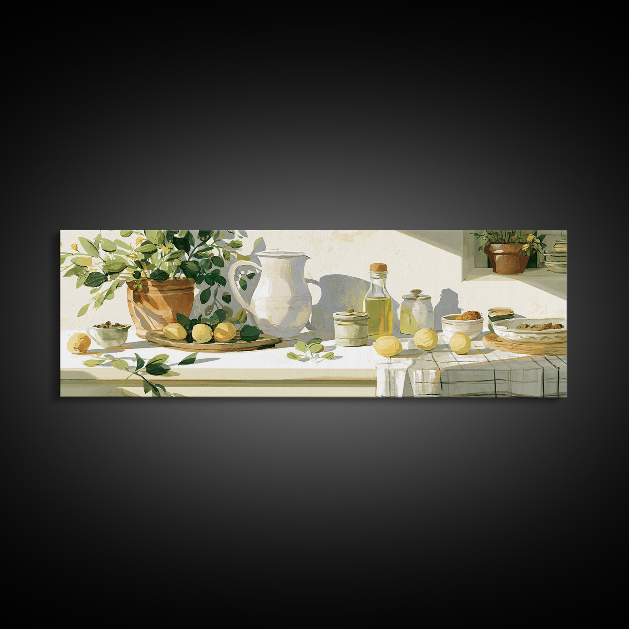 Sunlit Farmhouse Table Objects Without Room View Framed Canvas Print, Dining Room Art, Kitchen Art, Dining Room Decor, Dining, DRA-3x1-57