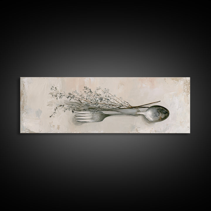 Minimal Fork Spoon and Herb Composition Canvas Print, Dining Room Art, Coastal Decor, Dining Room Decor, Oil Painting, Dining, DRA-3x1-62
