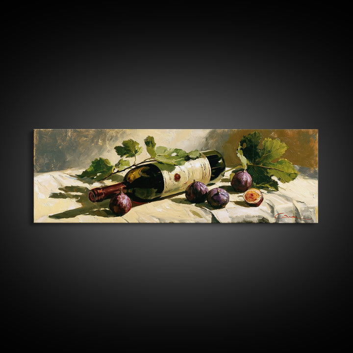 Wine Bottle and Figs on a Linen Framed Canvas Print, Dining Room Art, Printable Wall Art, Dining Room Decor, Fine Art, Dining, DRA-3x1-67