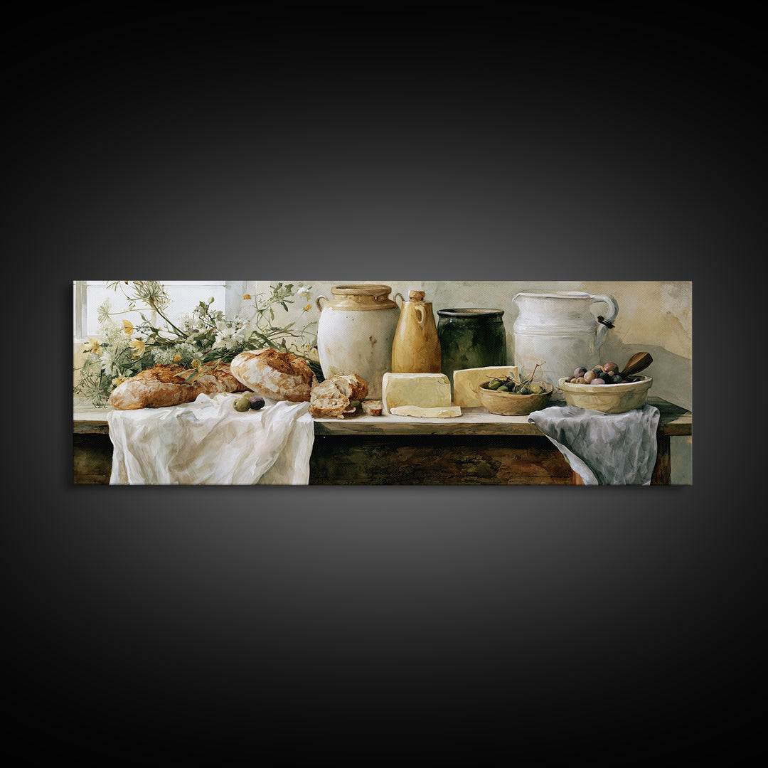 Rustic Bread Olives and Cheese Still Life Canvas Print, Dining Room Art, Modern Decor, Dining Room Decor, Oil Painting, Dining, DRA-3x1-70