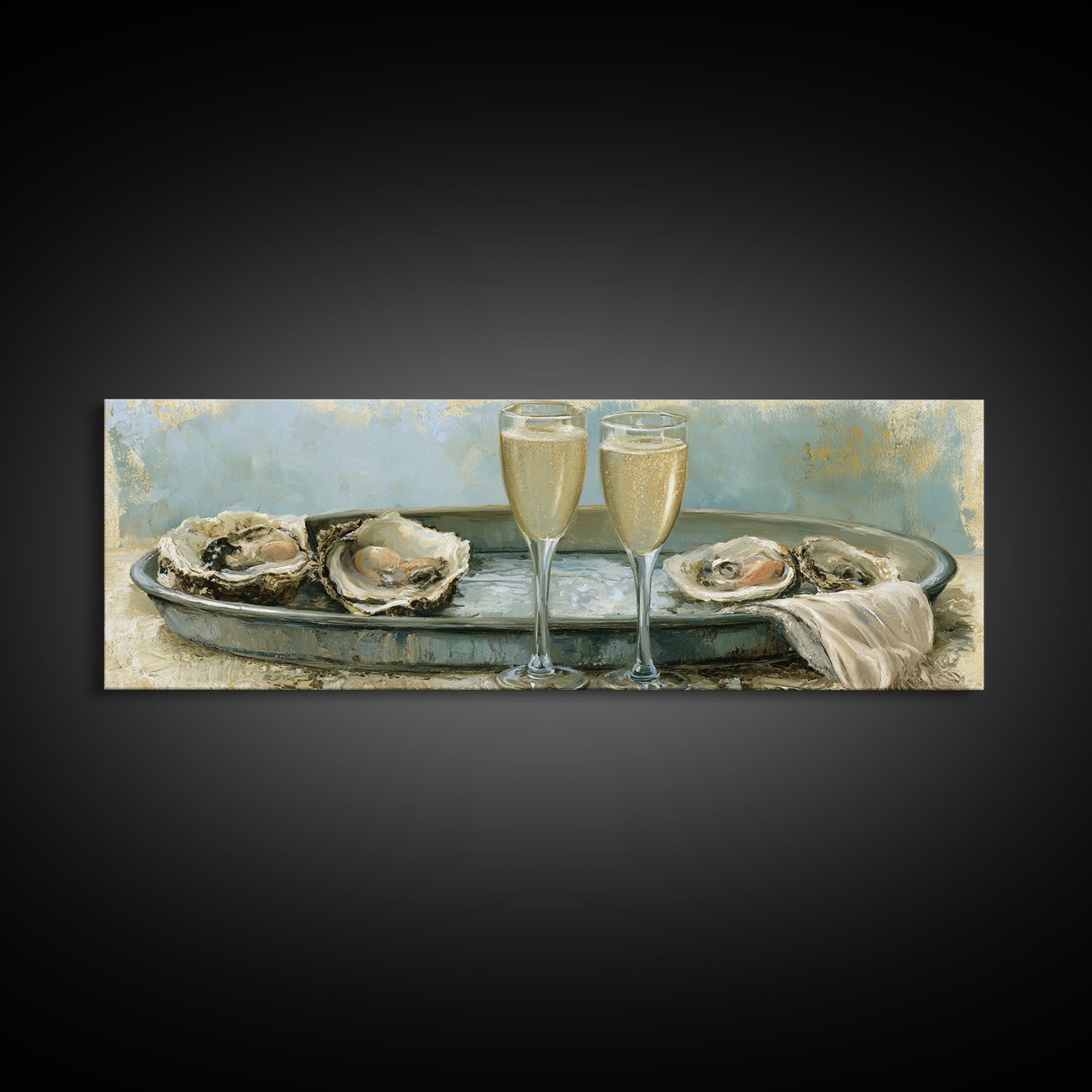 Elegant Oyster and Champagne Still Life Canvas Print, Dining Room Art, Large Wall Art, Dining Room Decor, Fine Art, Dining, DRA-3x1-71