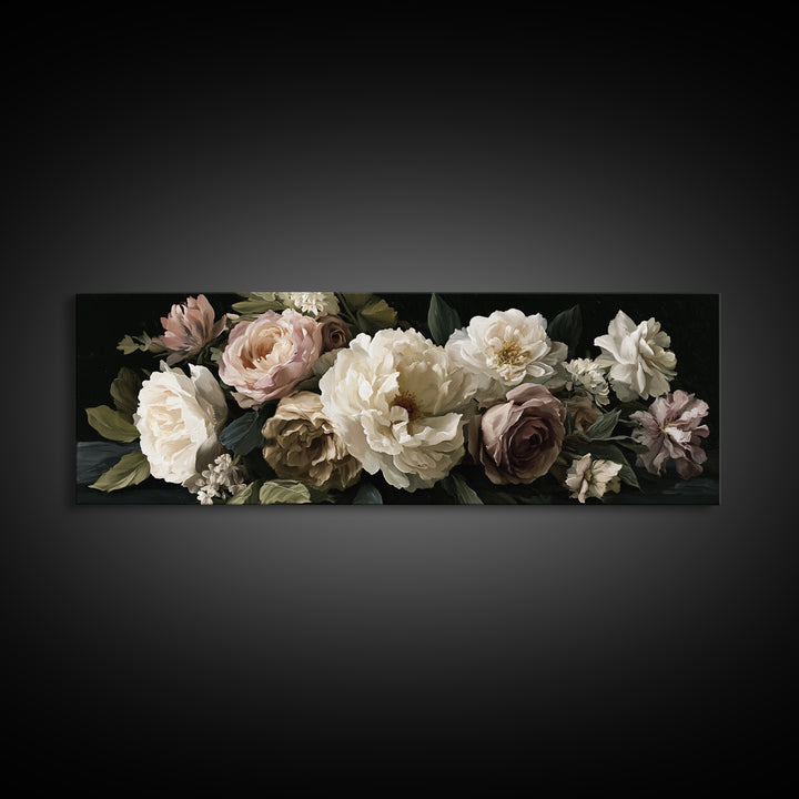 Moody Dark Background Bouquet for Formal Dining Canvas Print, Dining Room Art, Canvas Wall Art, Dining Room Decor, Dining, DRA-3x1-75