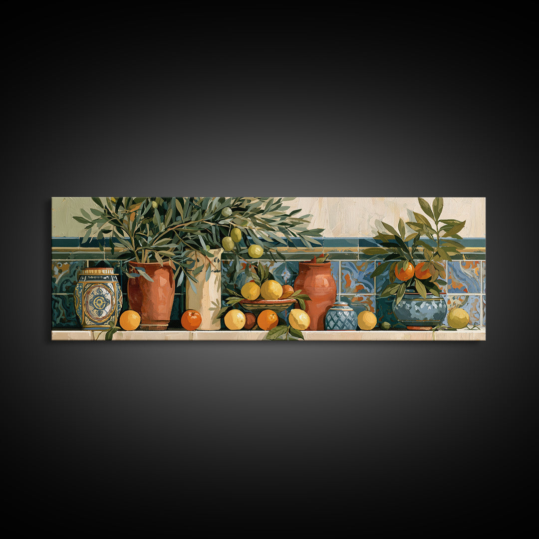 Mediterranean Olive Branch and Citrus Arrangement Canvas Print, Dining Room Art, Contemporary Art, Dining Room Decor, Dining, DRA-3x1-76