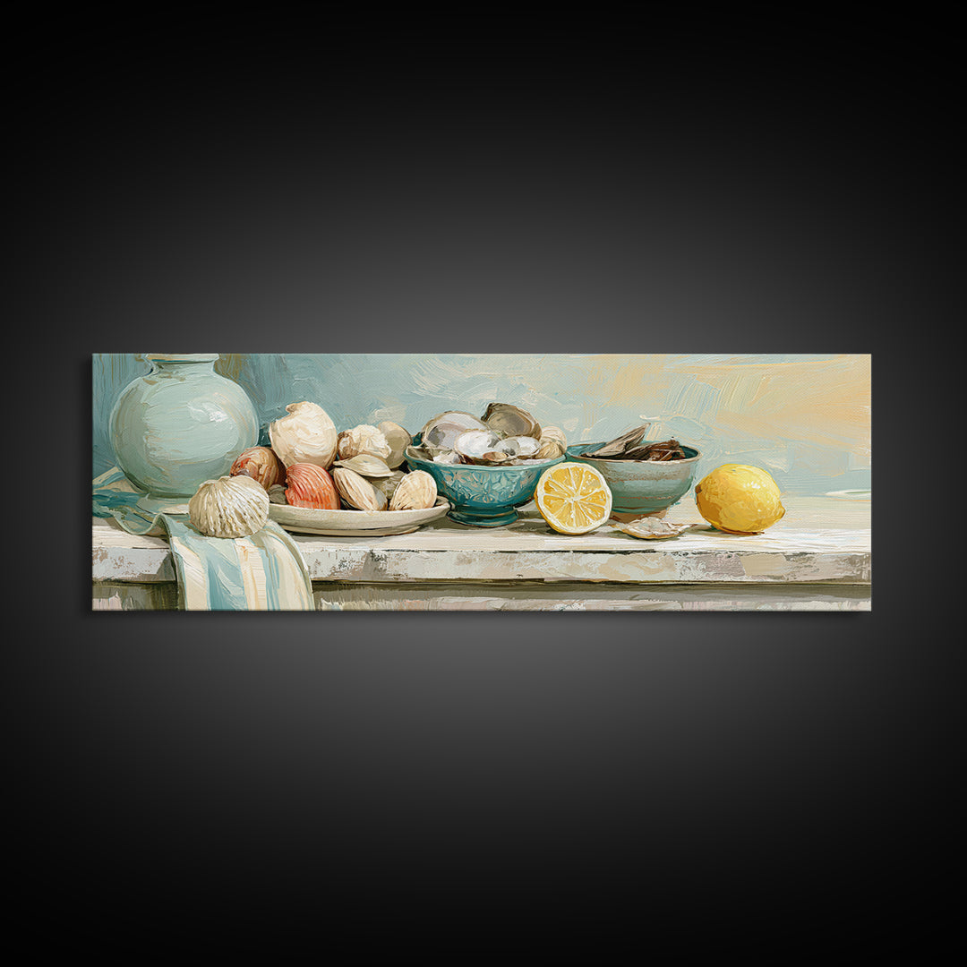 Shellfish and Lemon Still Life Canvas Print, Dining Room Art, Wall Art, Dining Room Decor, Fine Art, Dining, Printable Art, DRA-3x1-80