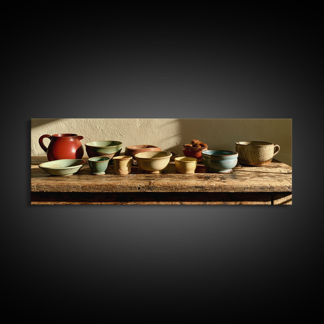 Sunlit Farmhouse Table Objects Without Room View Framed Canvas Print, Dining Room Art, Kitchen Art, Dining Room Decor, Dining, DRA-3x1-81