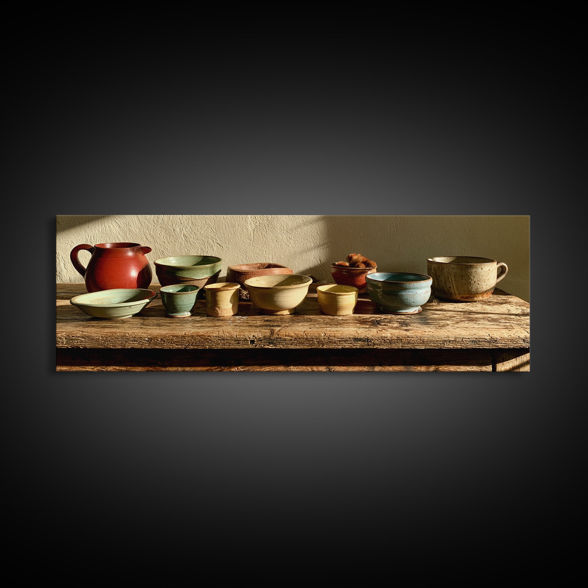 Sunlit Farmhouse Table Objects Without Room View Framed Canvas Print, Dining Room Art, Kitchen Art, Dining Room Decor, Dining, DRA-3x1-81